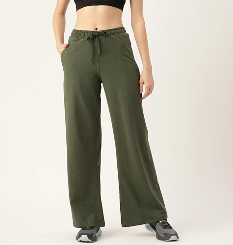Women Olive Green Solid Cotton Wide Leg Track Pants